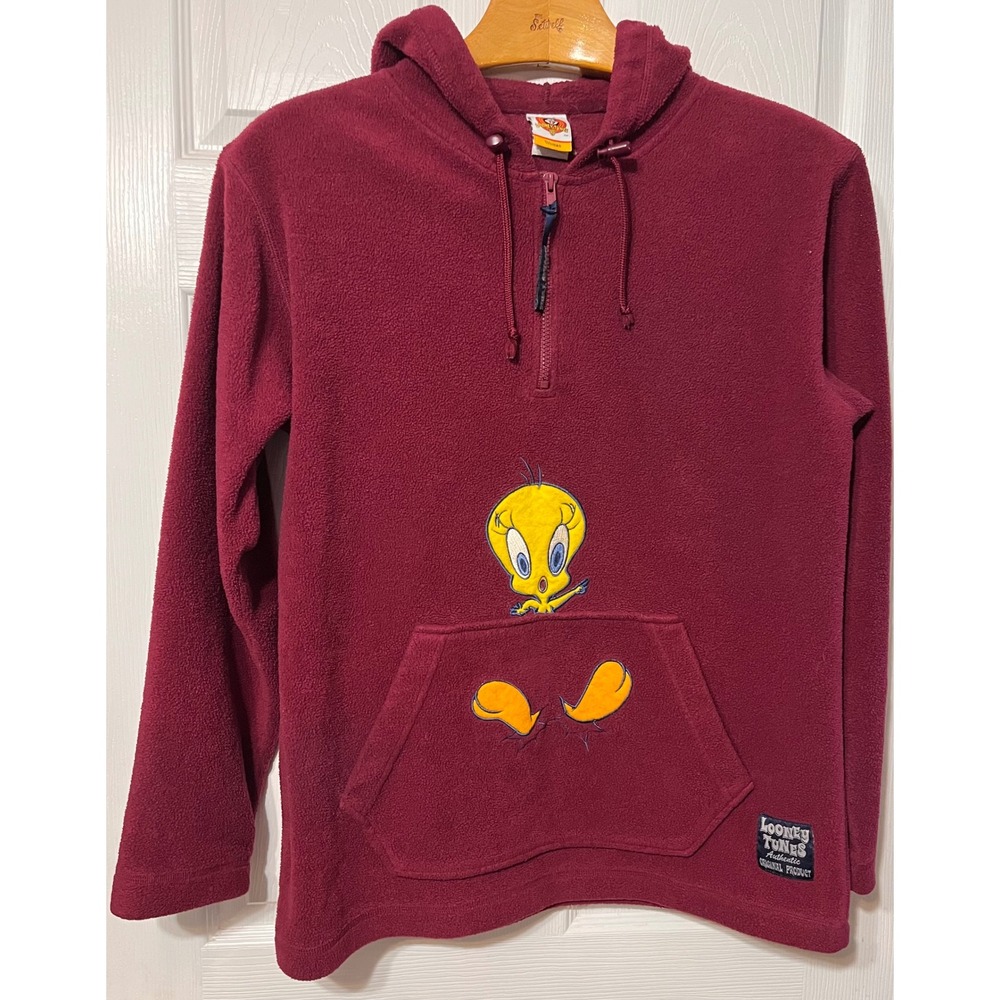 Vintage Looney Tunes Tweety Bird Fleece Hoodie Burgundy 1/4 Zip Womens 14/16W